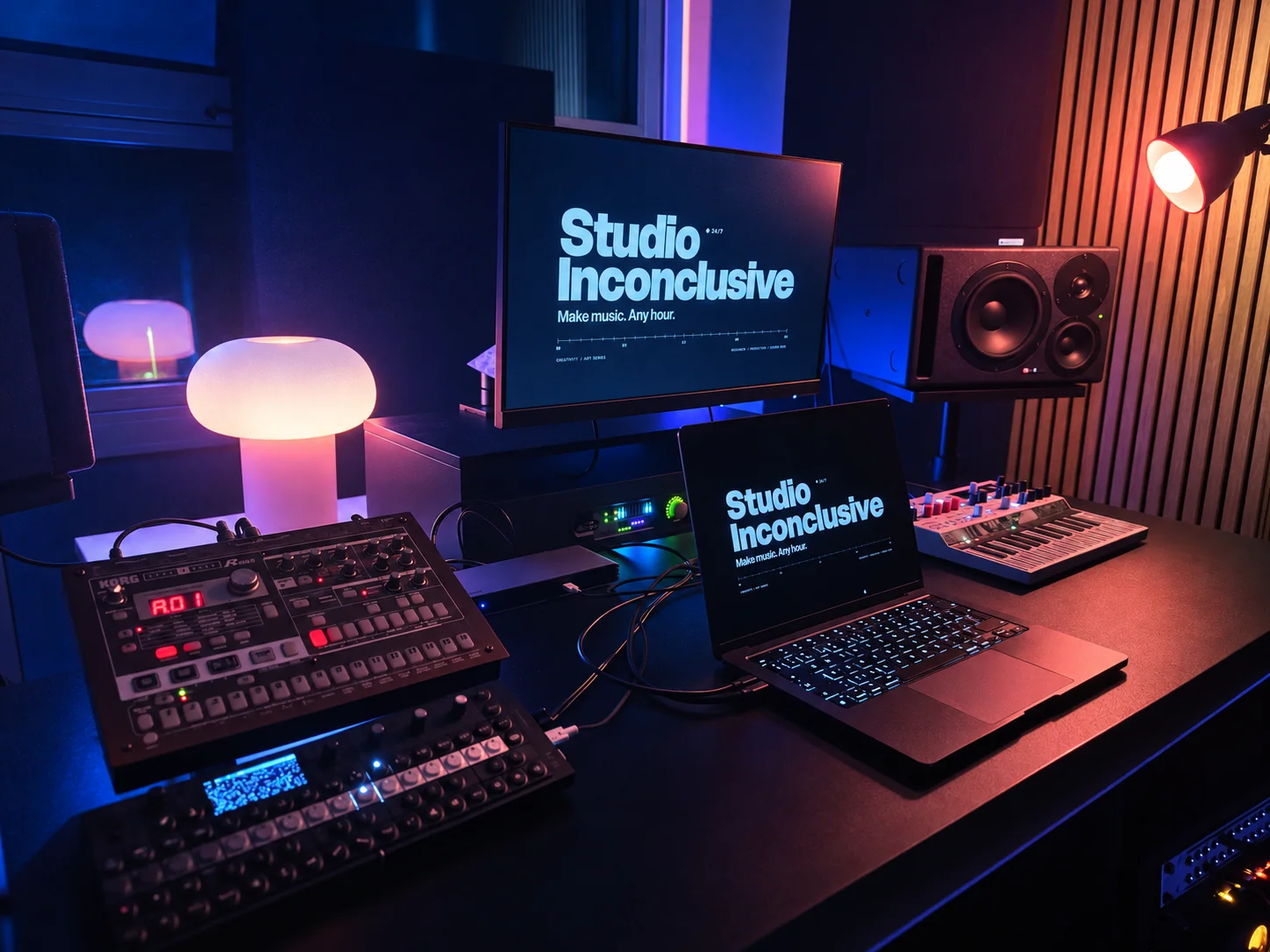 The production desk at Studio Inconclusive, with instruments, a laptop and studio monitor under blue and warm lighting.